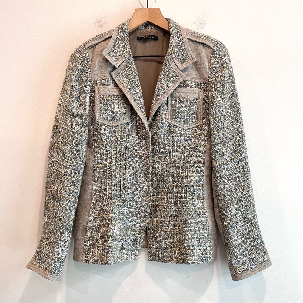 Elie Tahari 2 PC Linen Blend Tweed Blazer Pants Suit Set - Picture 2 of 16